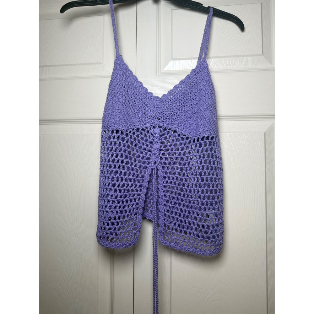 Tiger Mist Purple Crochet Cami Top Mesh Open Knit Tie Front Festival Lilac M